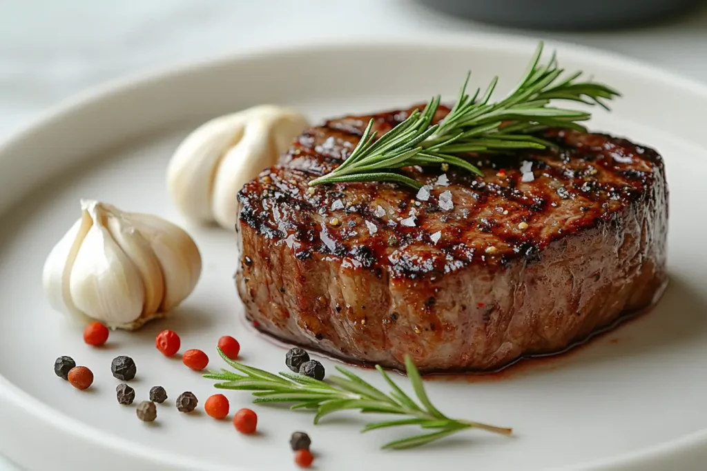 Perfectly seared sous vide steak garnished with rosemary and garlic on white marble