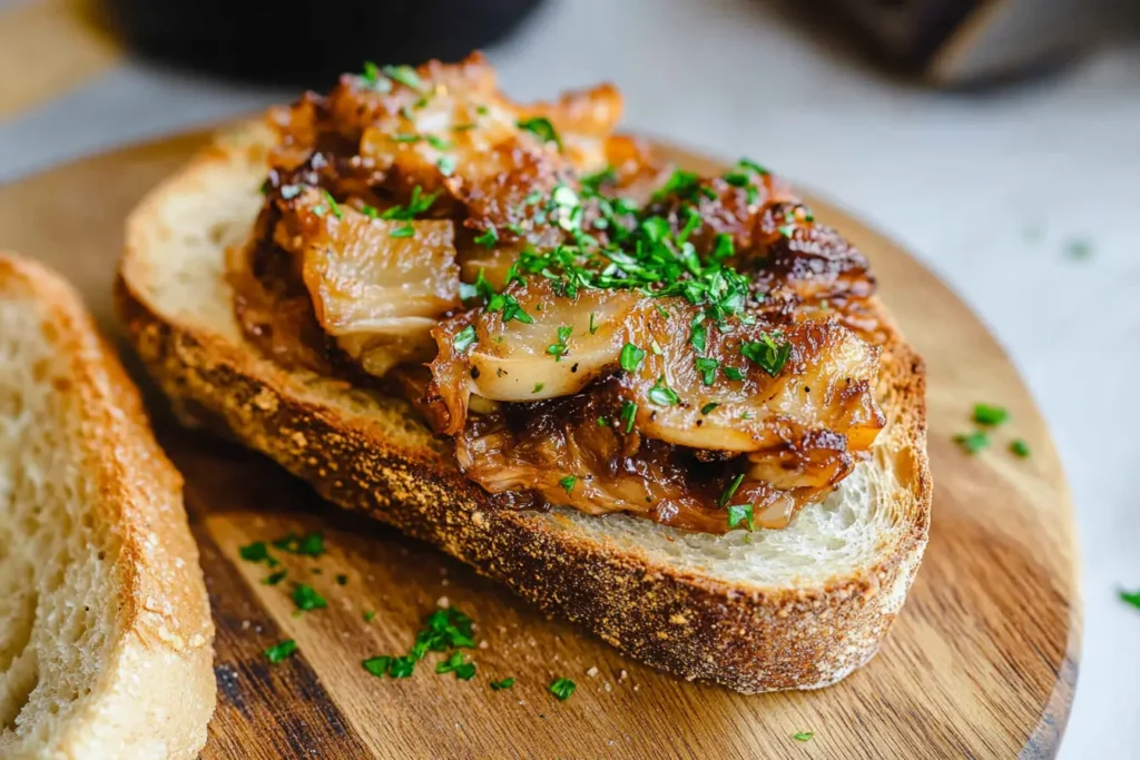 Caramelized lion's mane mushrooms served on toasted bread