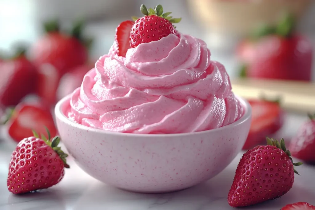 Bowl of strawberry cream cheese on white marble.