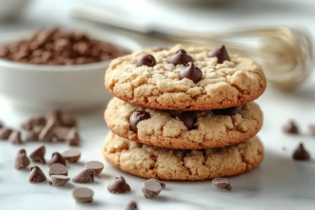 Freshly baked chocolate chip protein cookies on white marble with ingredients in the background