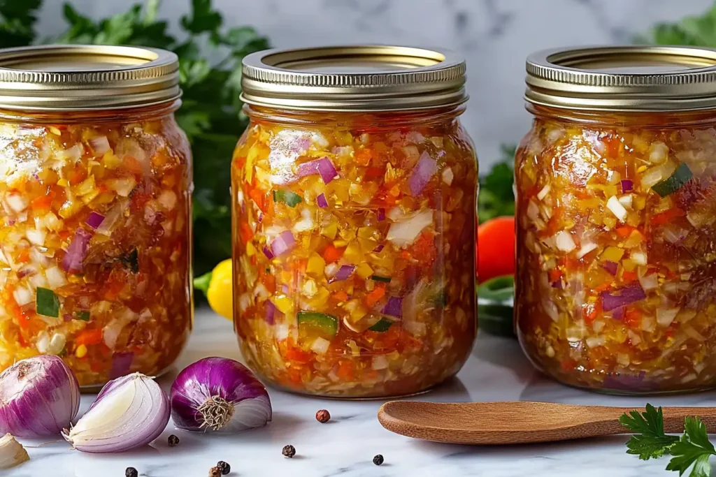 Jar of homemade chow chow relish on a marble counter with fresh vegetables