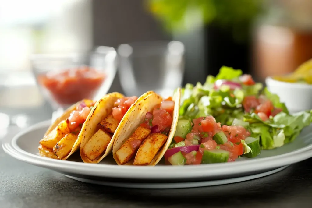 Plated potato tacos with a side dish