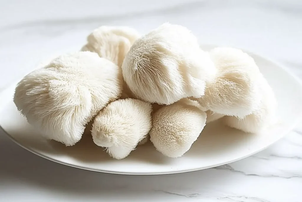 Fresh lion's mane mushrooms on white marble