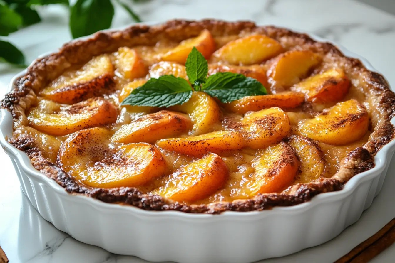 Freshly baked peach cobbler in a ceramic dish with golden crust on white marble