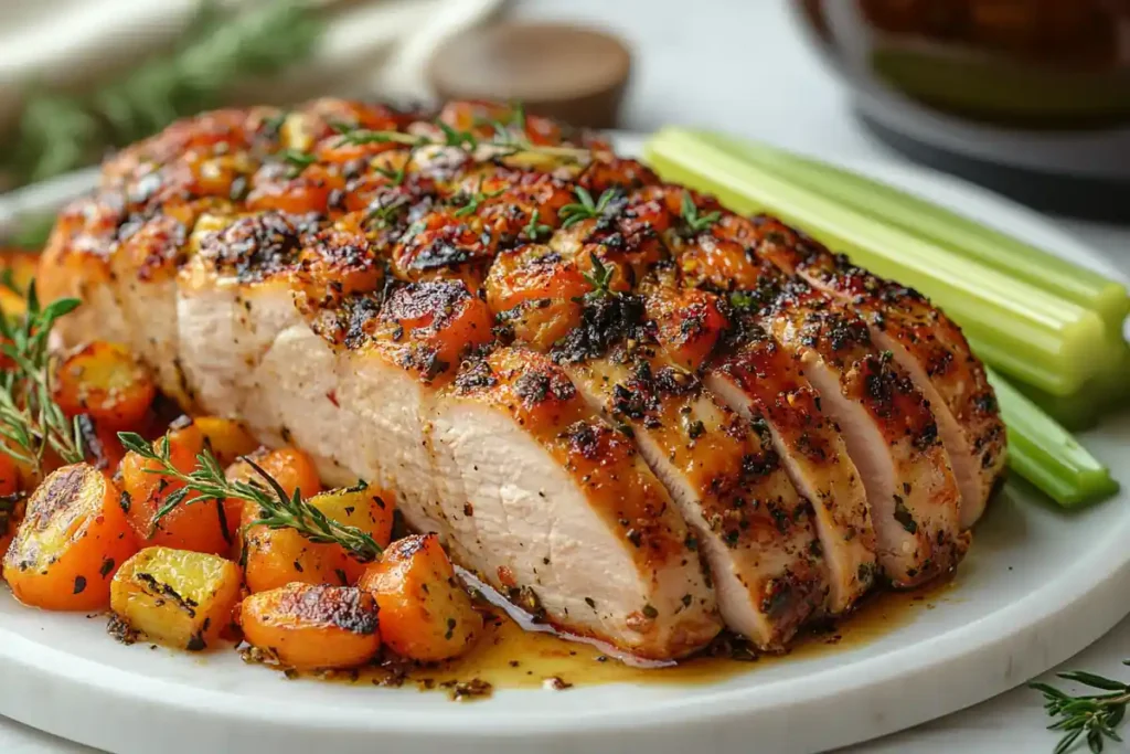 Sliced turkey breast with roasted vegetables on a white marble surface.