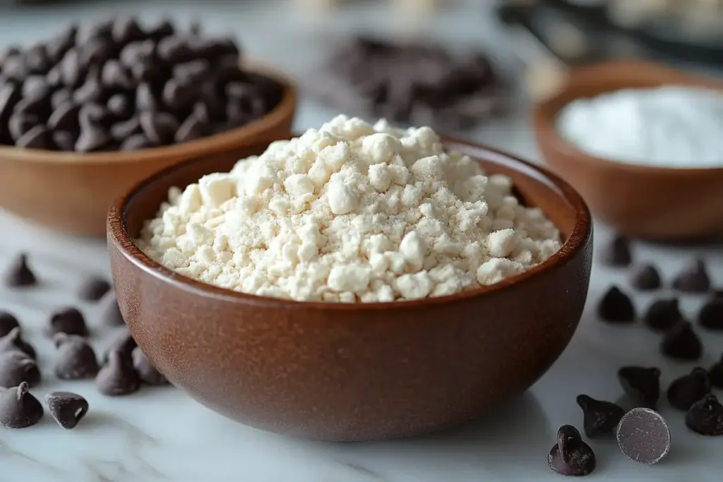 Measured ingredients for protein cookies on a marble countertop