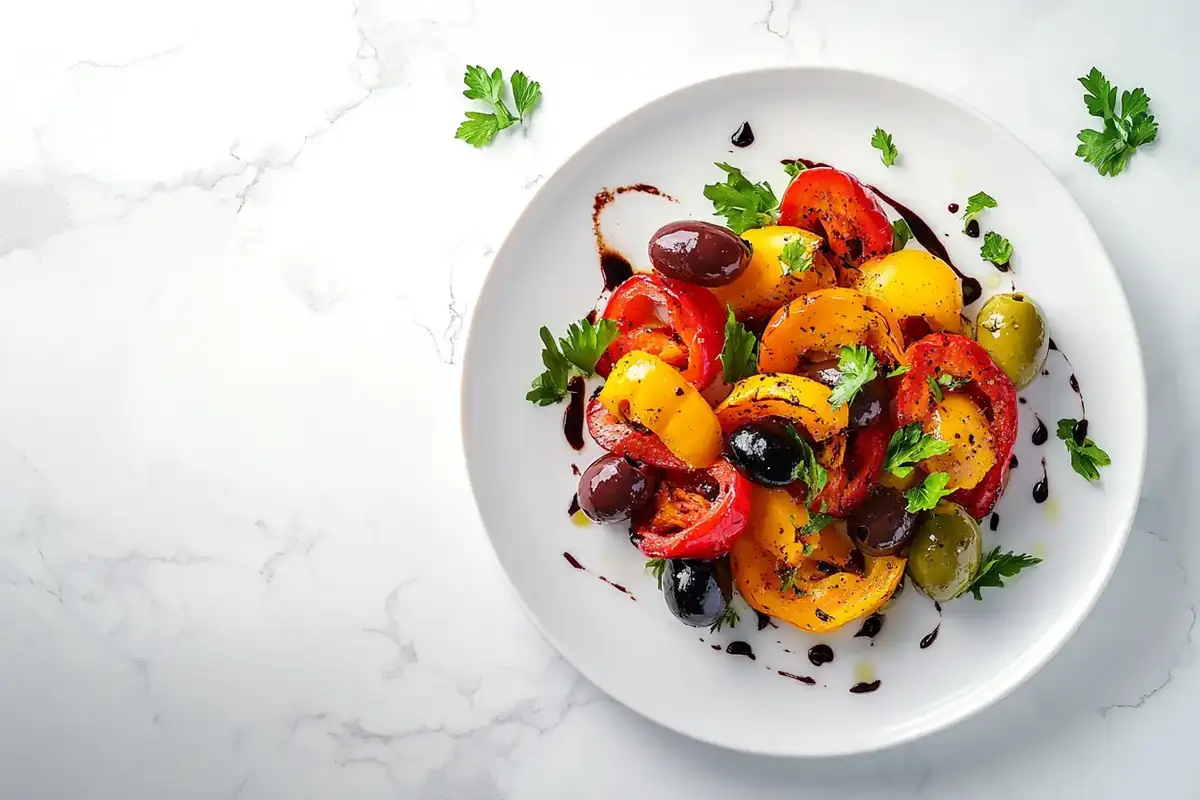 Roasted Pepper Salad elegantly displayed on white marble.