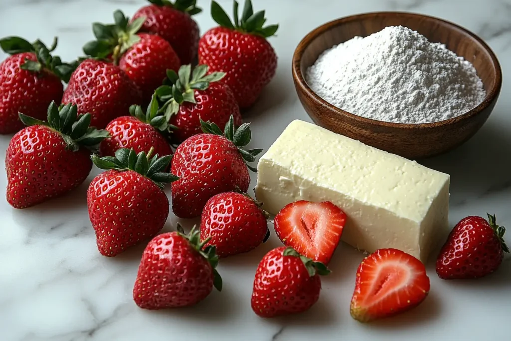 Ingredients for strawberry cream cheese on marble.