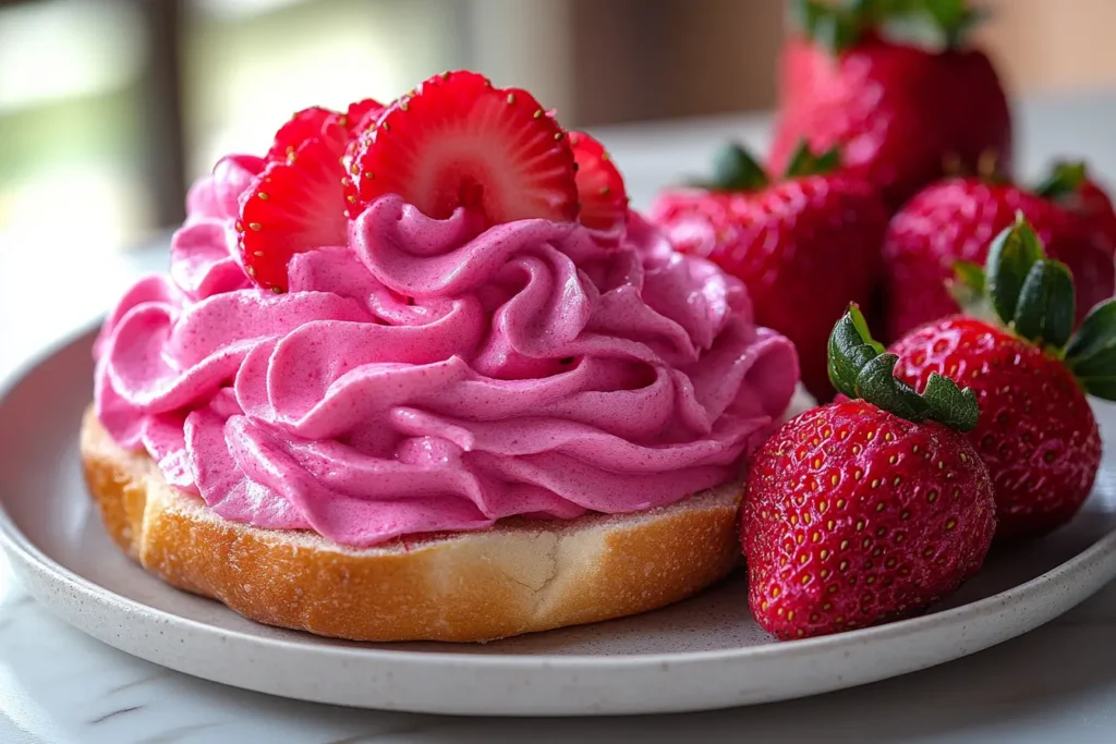 Strawberry cream cheese spread on a bagel.