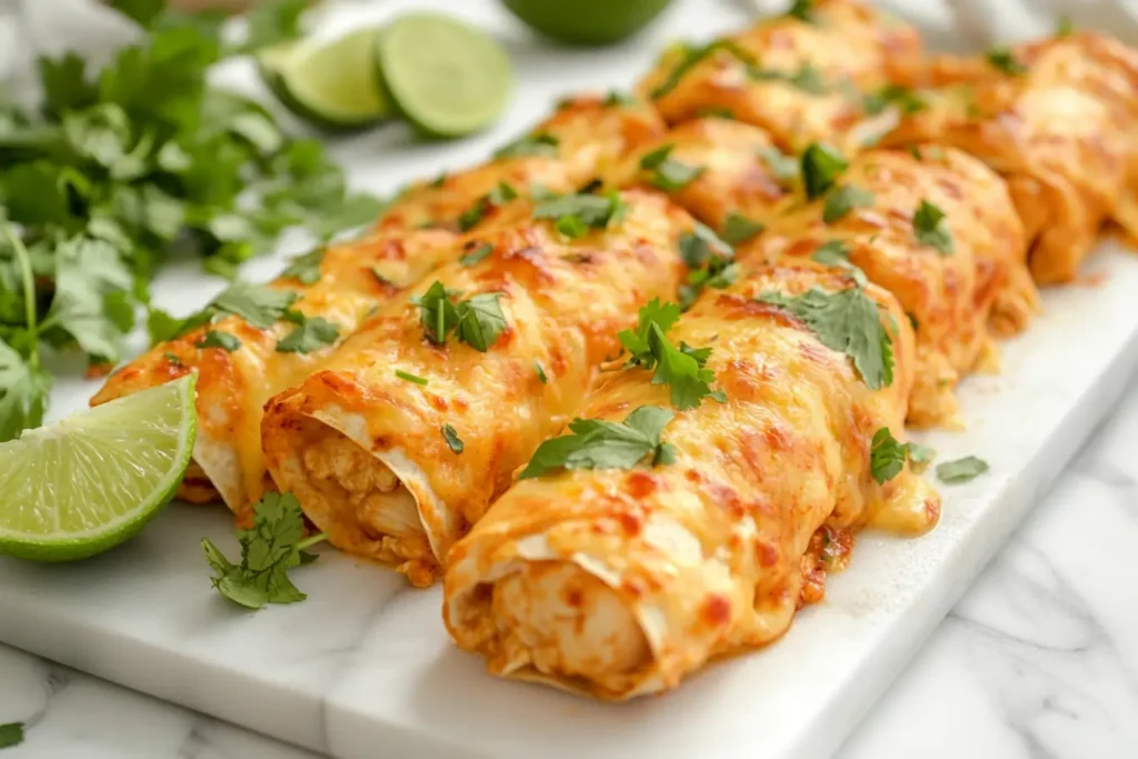 Chicken enchiladas garnished with cilantro and lime.