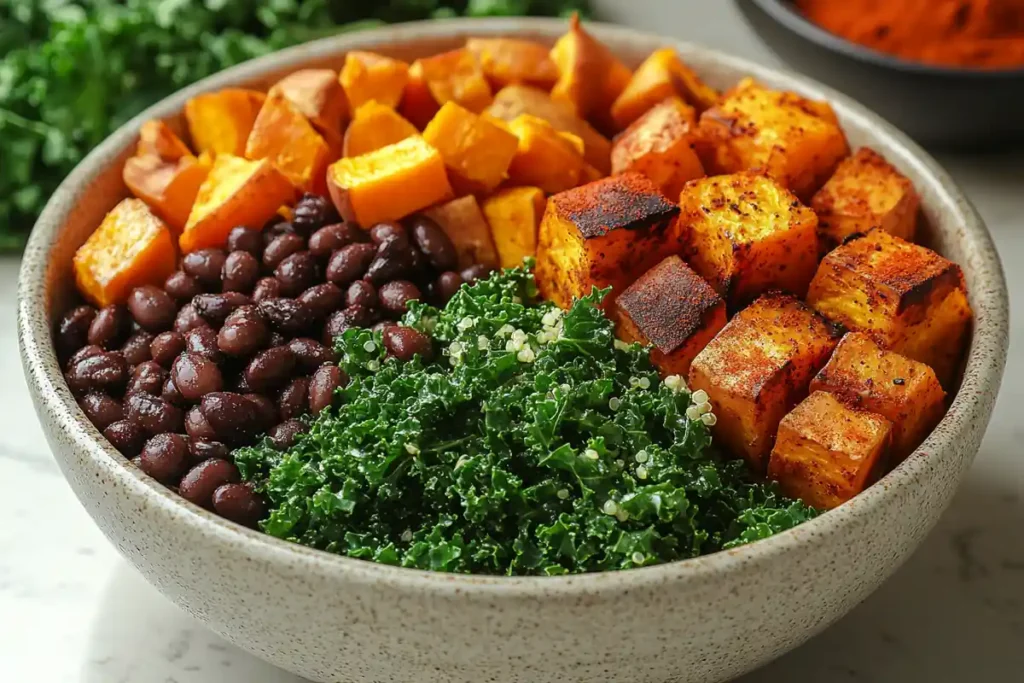 Vegan protein bowl with quinoa, black beans, sweet potatoes, and kale.