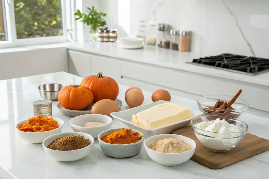 Pumpkin roll ingredients on marble countertop