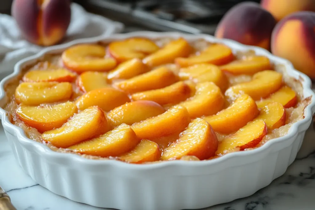 Close-up of sliced peaches in a dish being prepared for cobbler