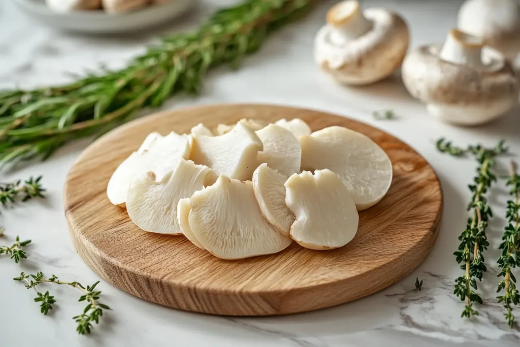 Sliced lion's mane mushrooms on a cutting board