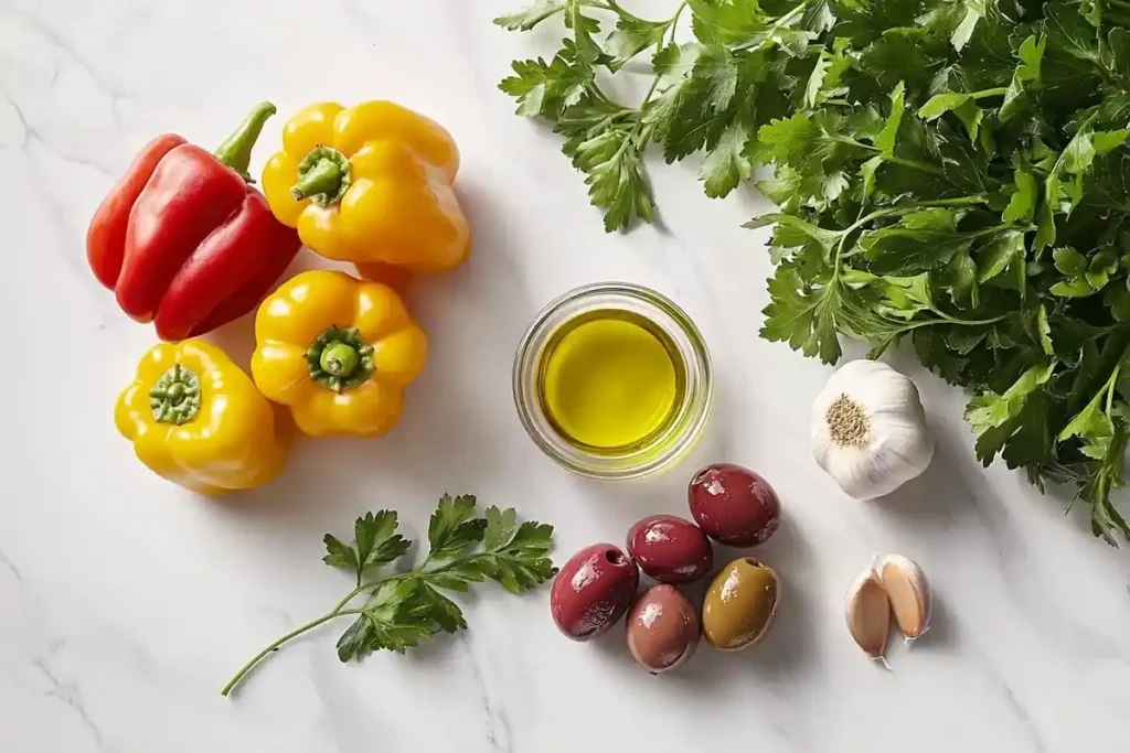 Fresh ingredients for roasted pepper salad on white marble.