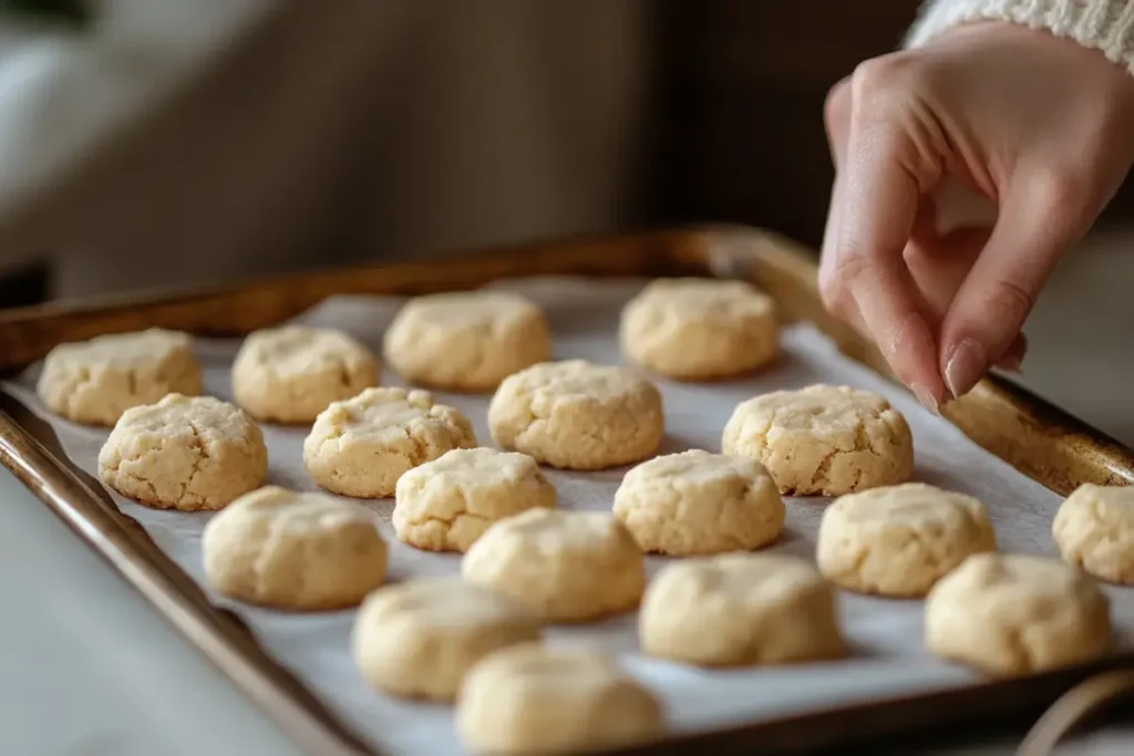 Shaping protein cookie dough into round cookies on a baking sheet