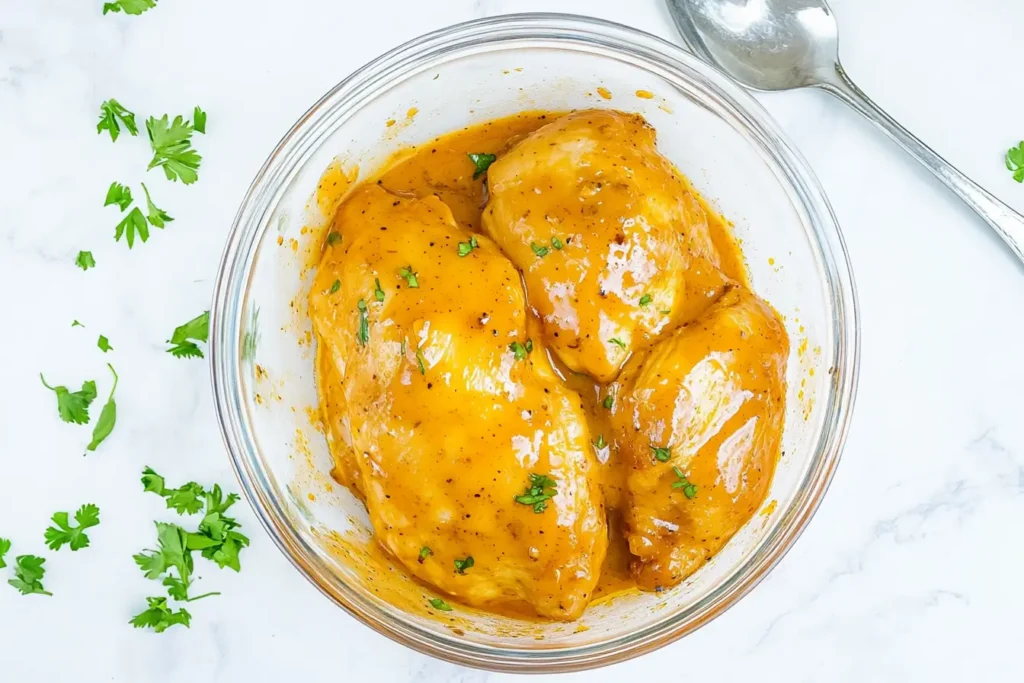 Chicken breasts marinating in honey mustard sauce.