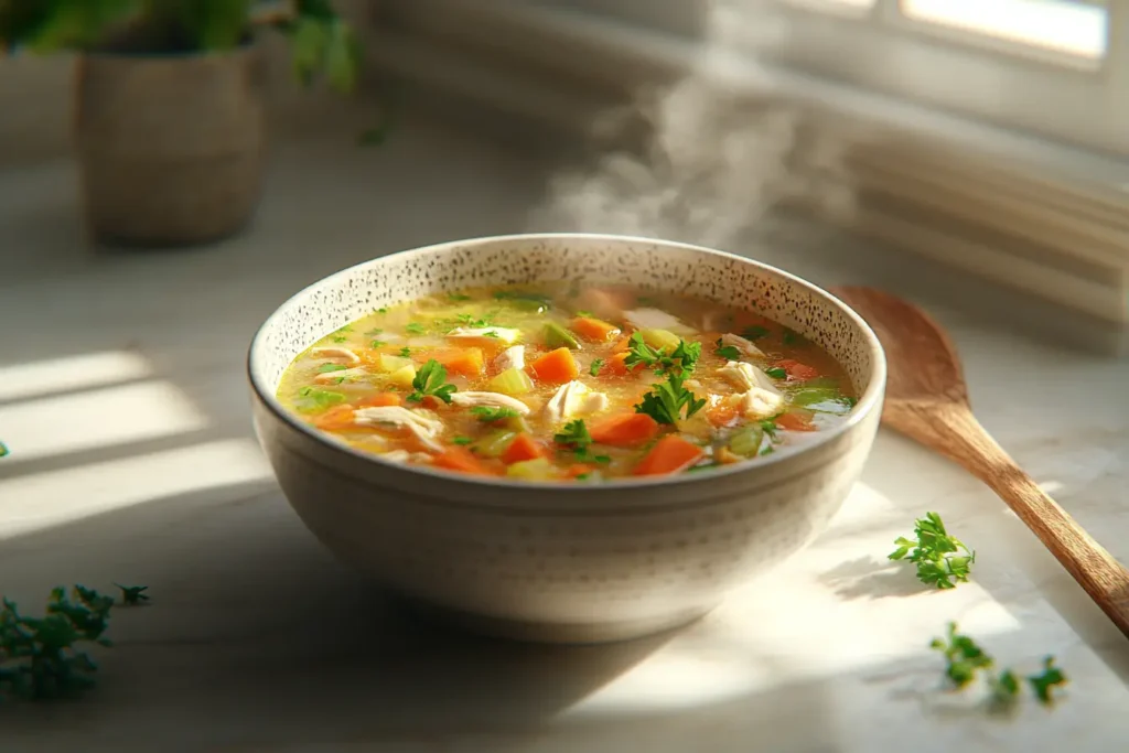 Bowl of steaming chicken soup with vegetables.