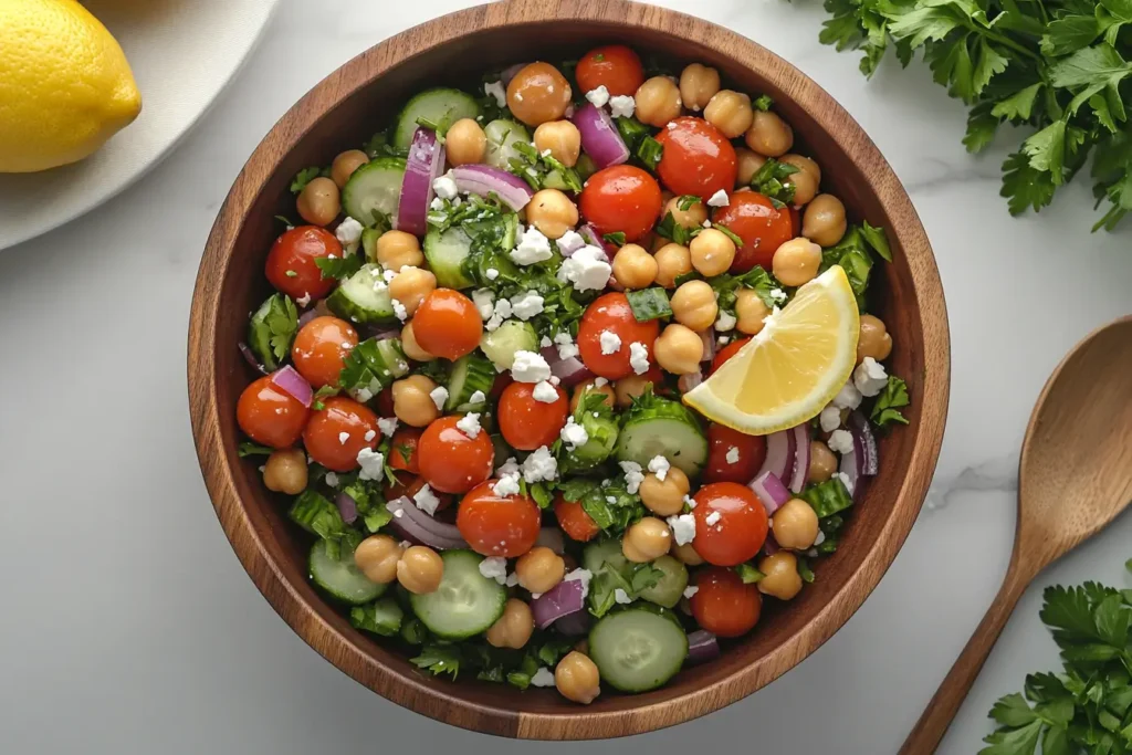 Mediterranean chickpea salad in a wooden bowl with fresh garnishes