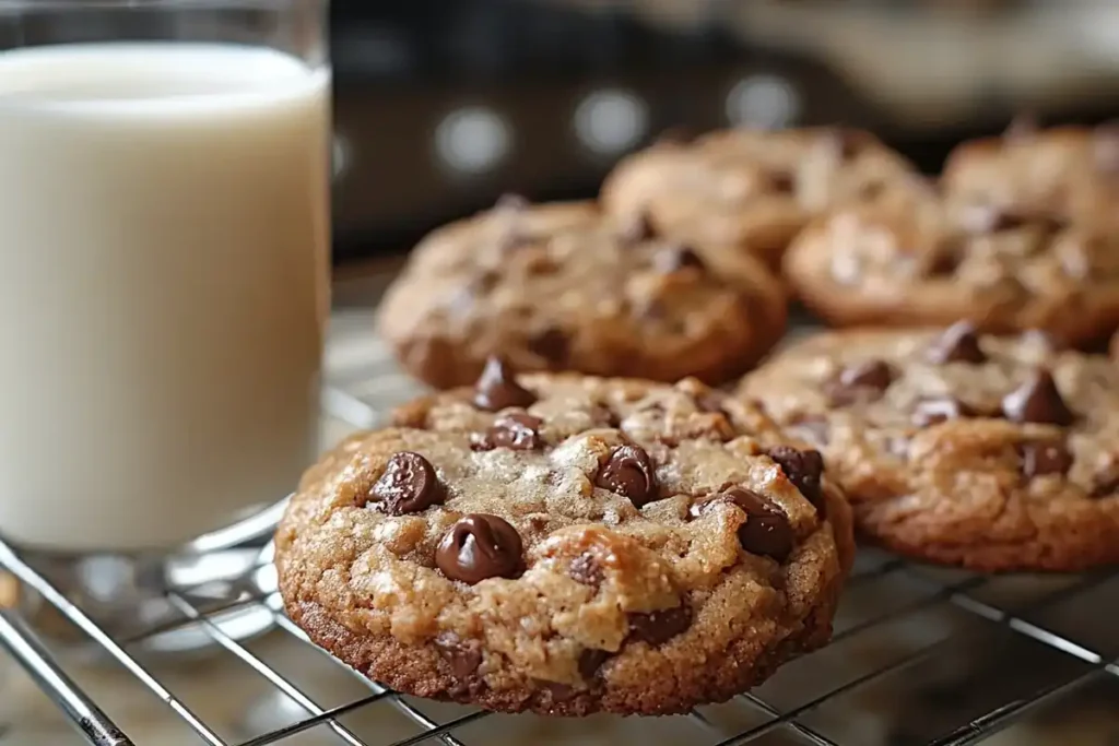 Freshly baked protein cookies cooling on a wire rack with almond milk