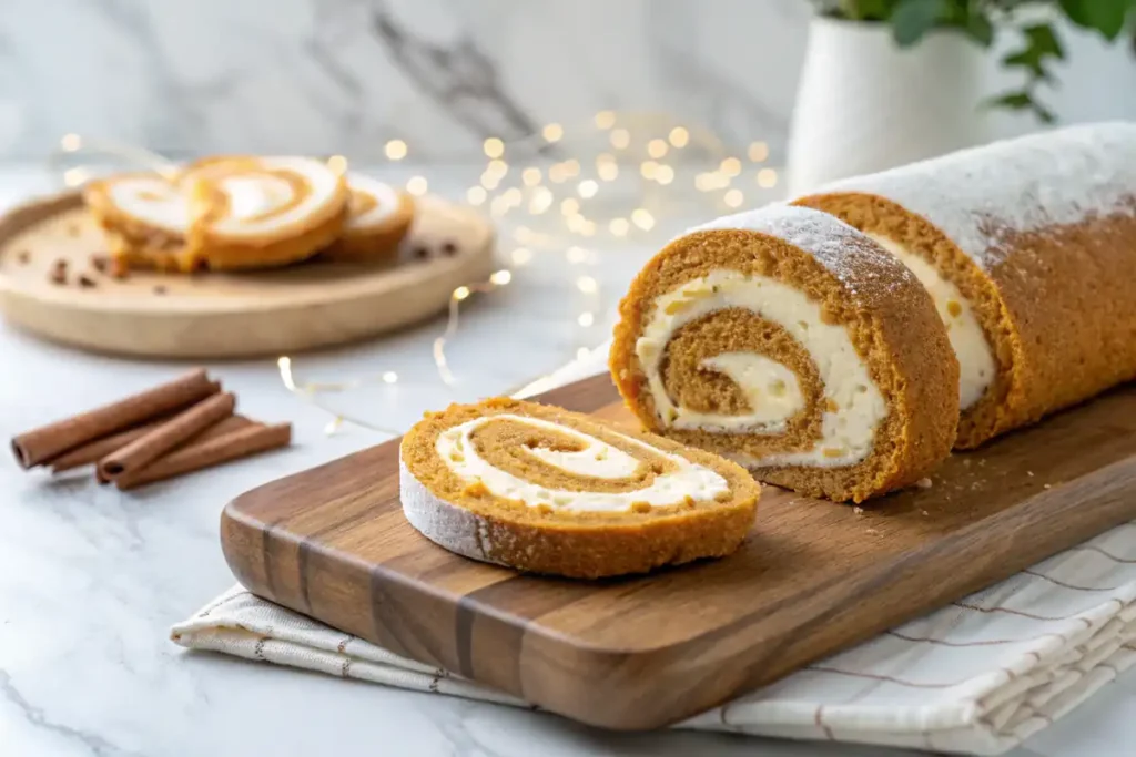 Sliced pumpkin roll with cream cheese filling