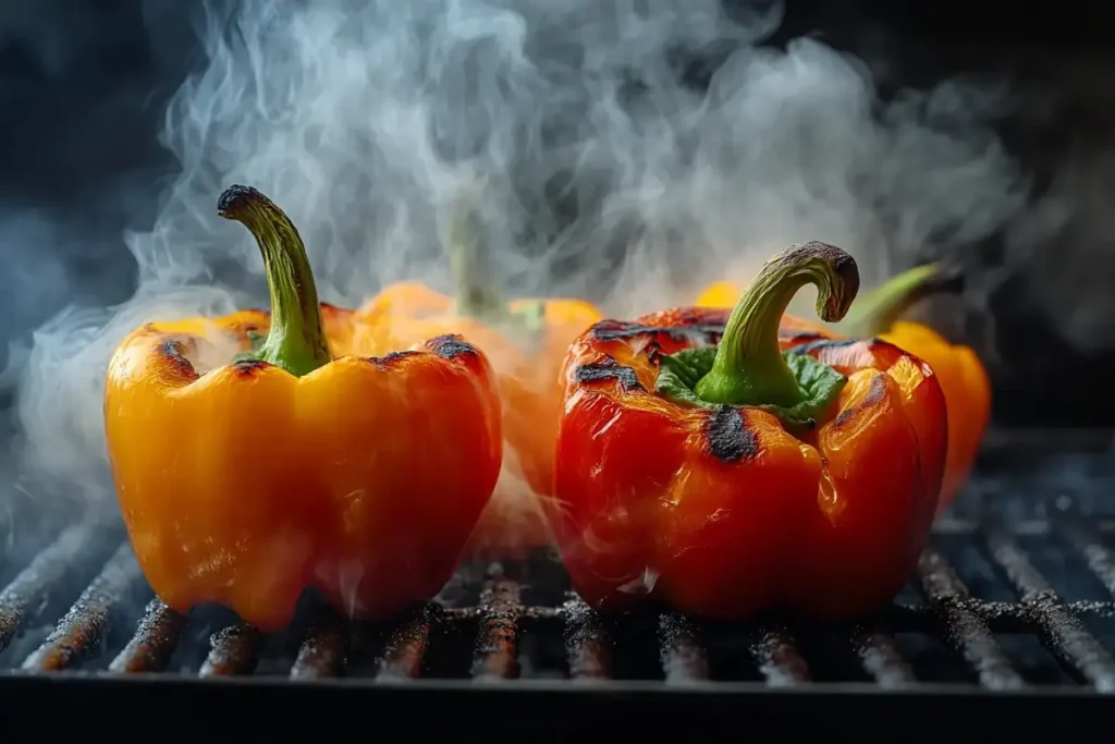 Halved bell peppers roasting on a grill with char marks.