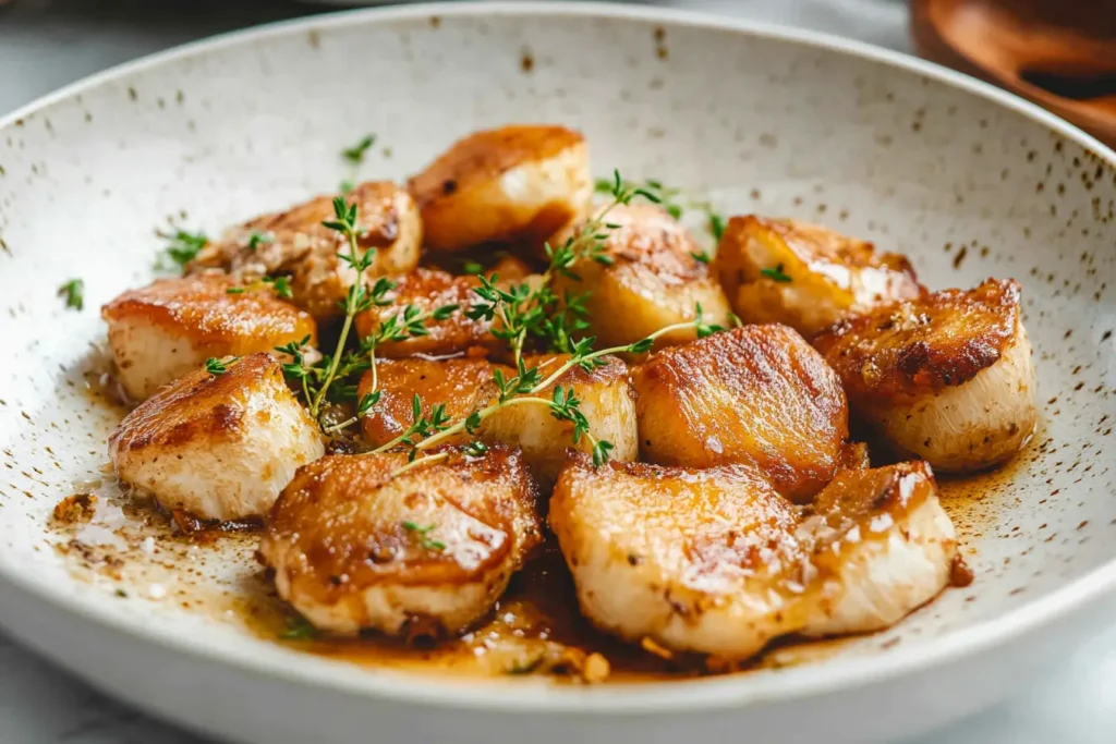 Plate of sautéed lion's mane mushrooms with herbs