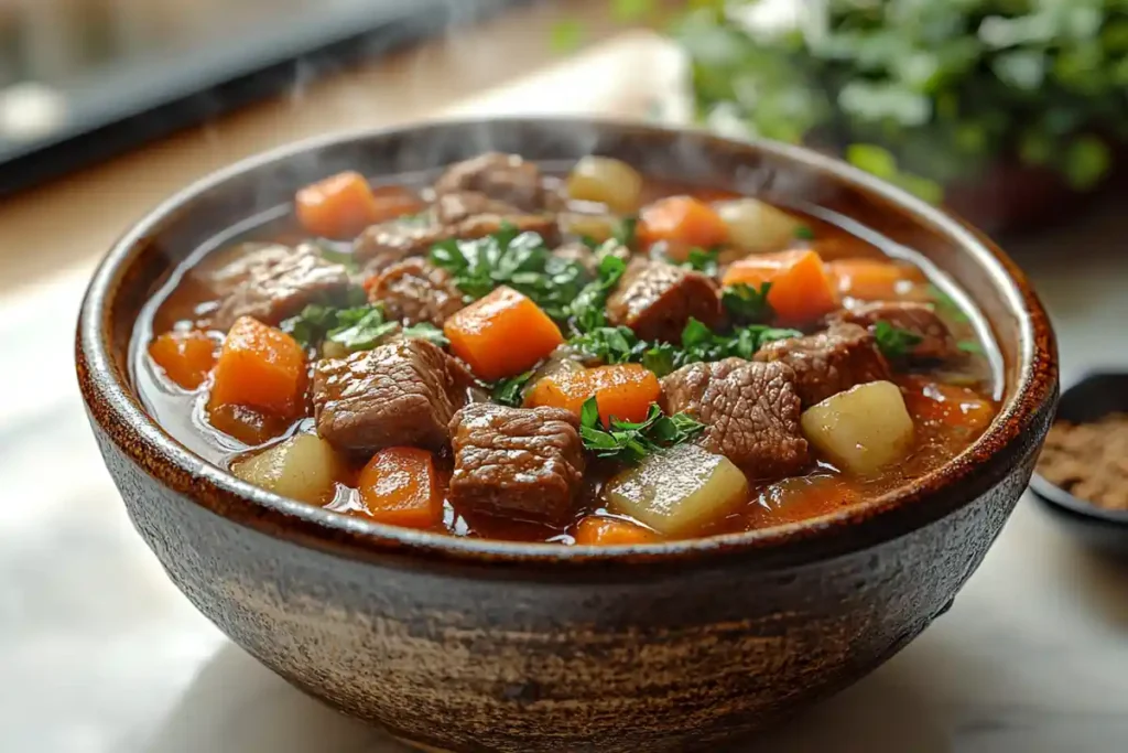 Beef stew with carrots and potatoes served in a rustic bowl.