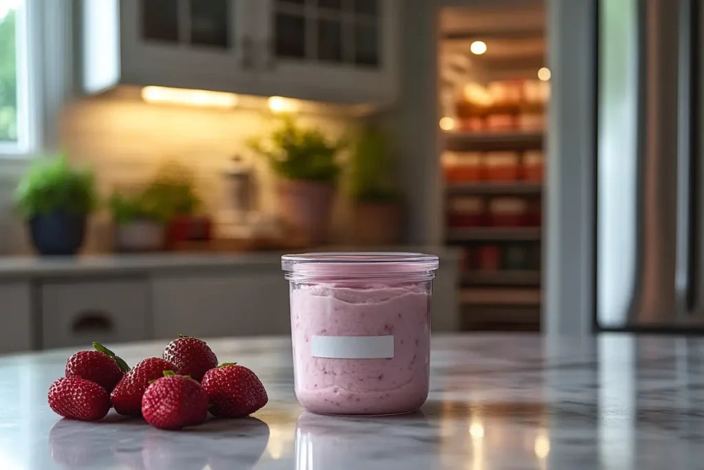 Strawberry cream cheese stored in an airtight container.