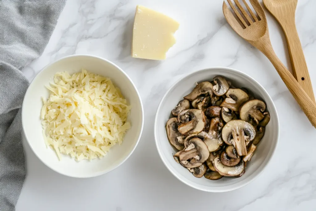 Bowls of sautéed mushrooms and grated cheese for Alice Springs Chicken.