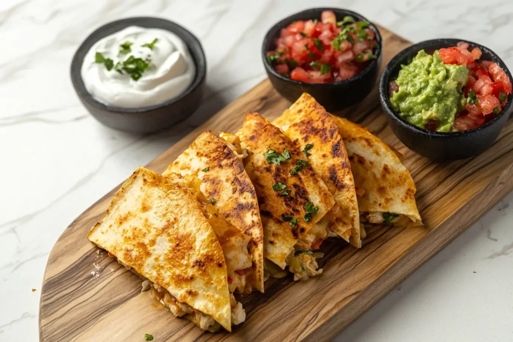 Chicken quesadillas with salsa, guacamole, and sour cream.