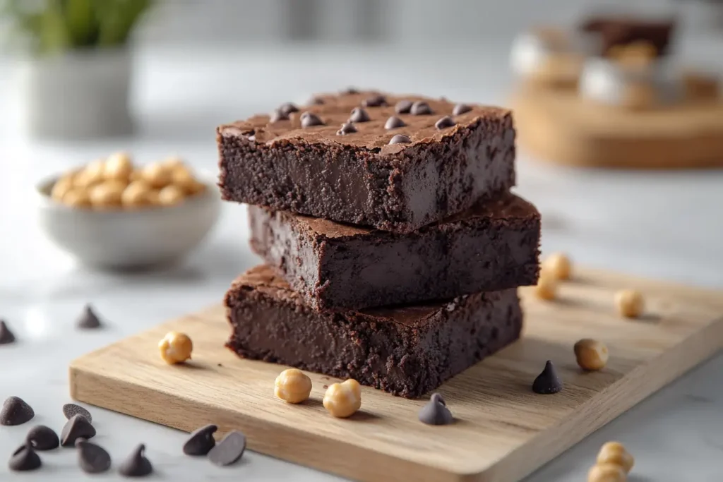 Close-up of chickpea brownies with chocolate garnishes