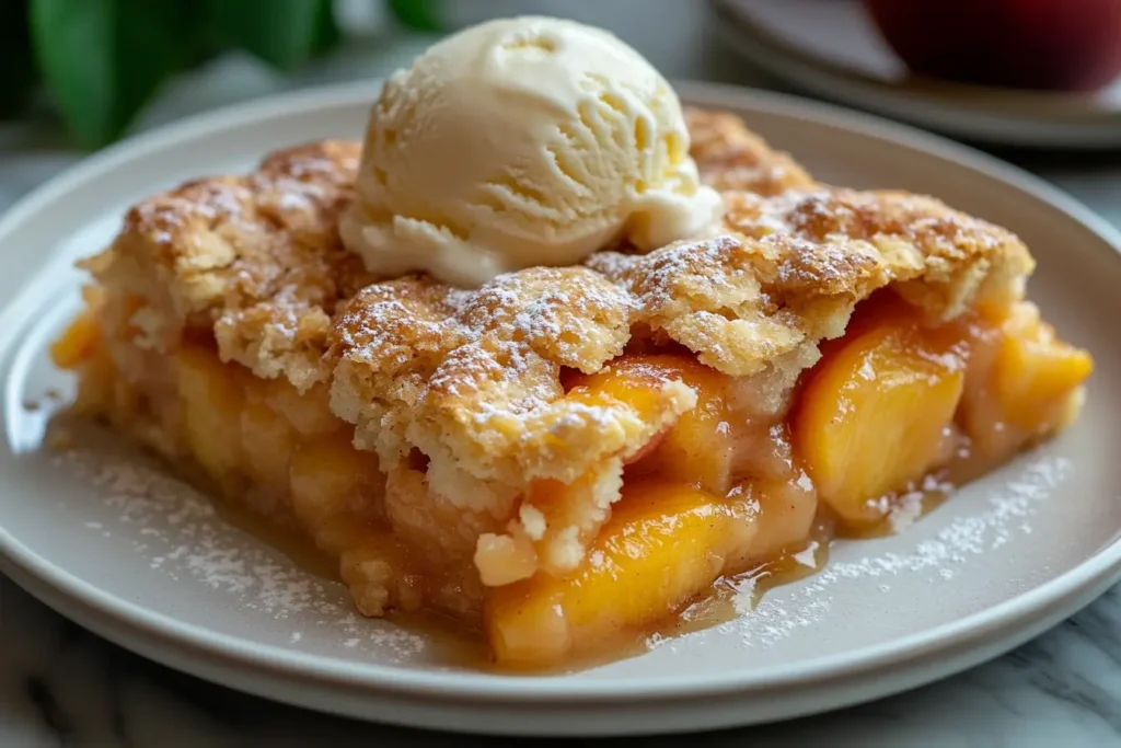 Peach cobbler serving with vanilla ice cream on a white plate