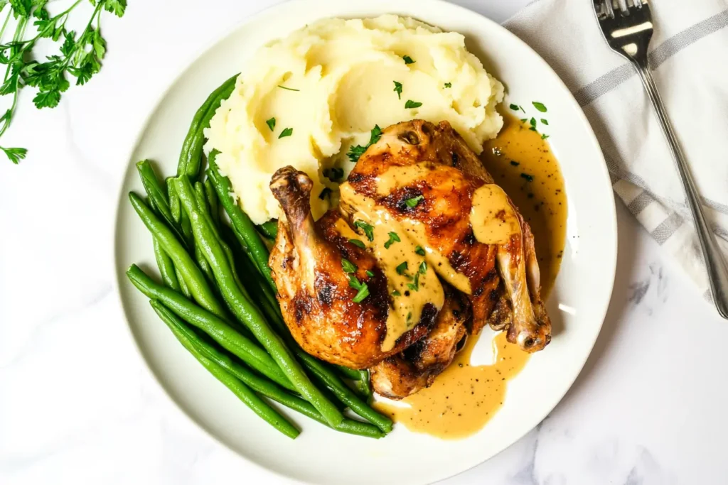 Alice Springs Chicken served with green beans and mashed potatoes.