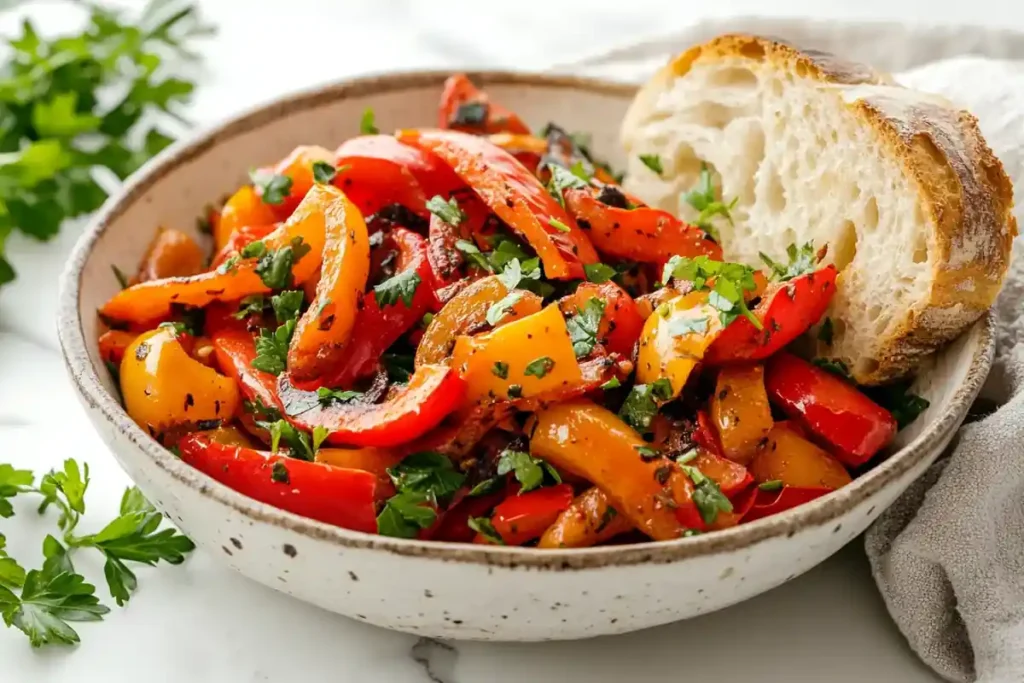 Roasted Pepper Salad served in a bowl with parsley garnish.