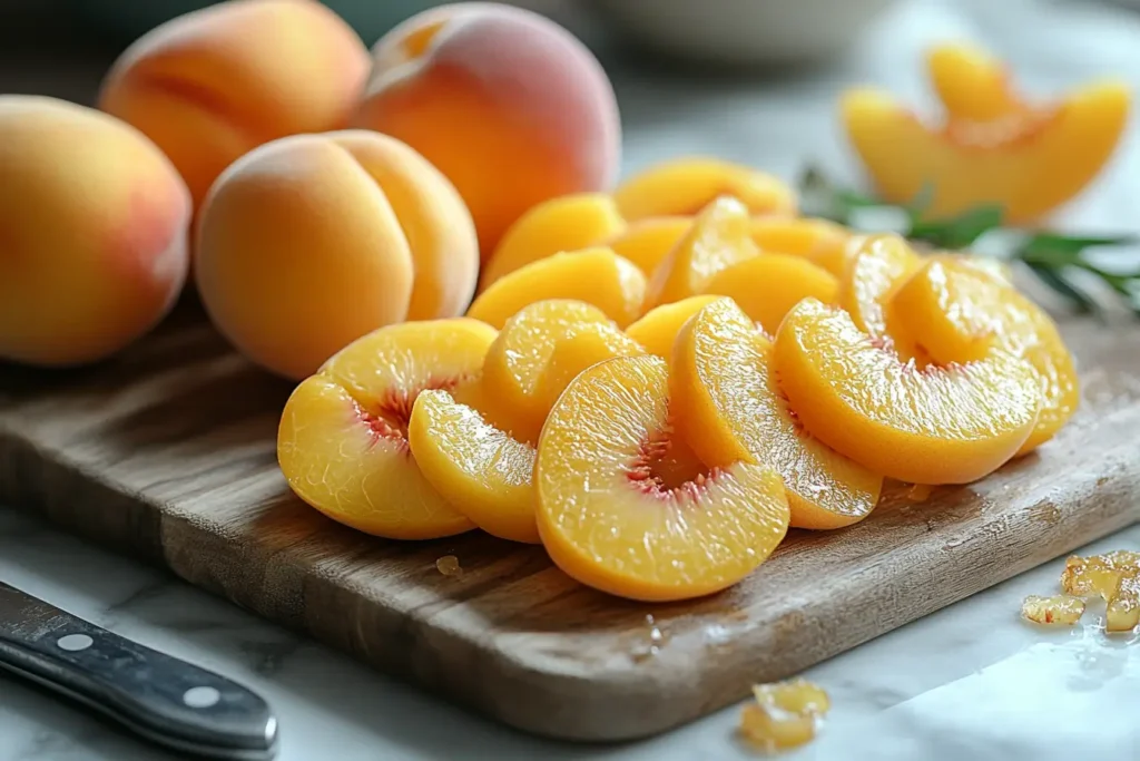 Fresh peaches, whole and sliced, on a cutting board on white marble.