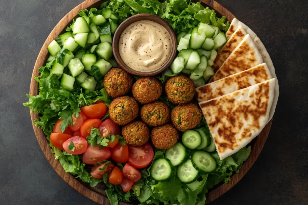 Roasted chickpea falafels with fresh vegetables and tahini sauce