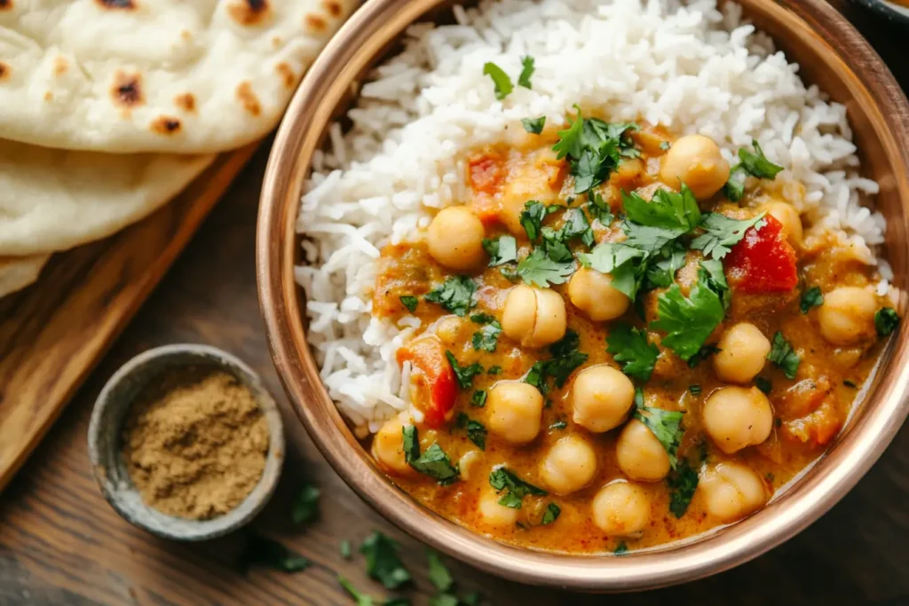 Traditional Indian chana masala with rice and naan