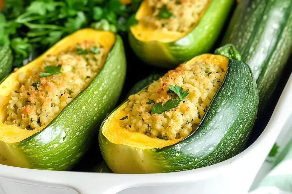 Stuffed cousa squash in baking dish