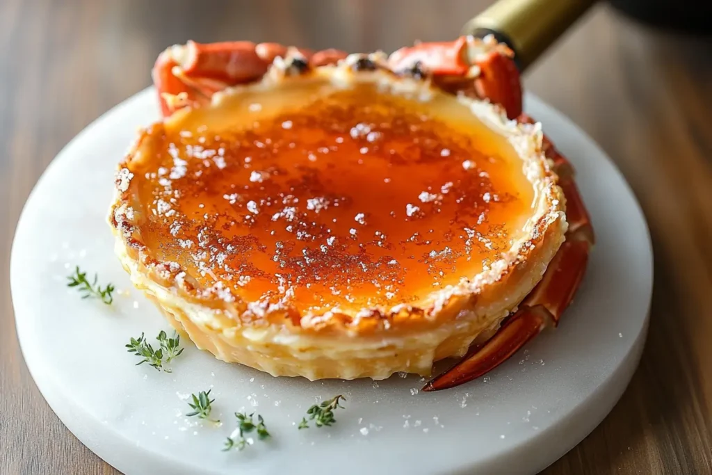 Torching sugar on crab brulee to create caramelized crust