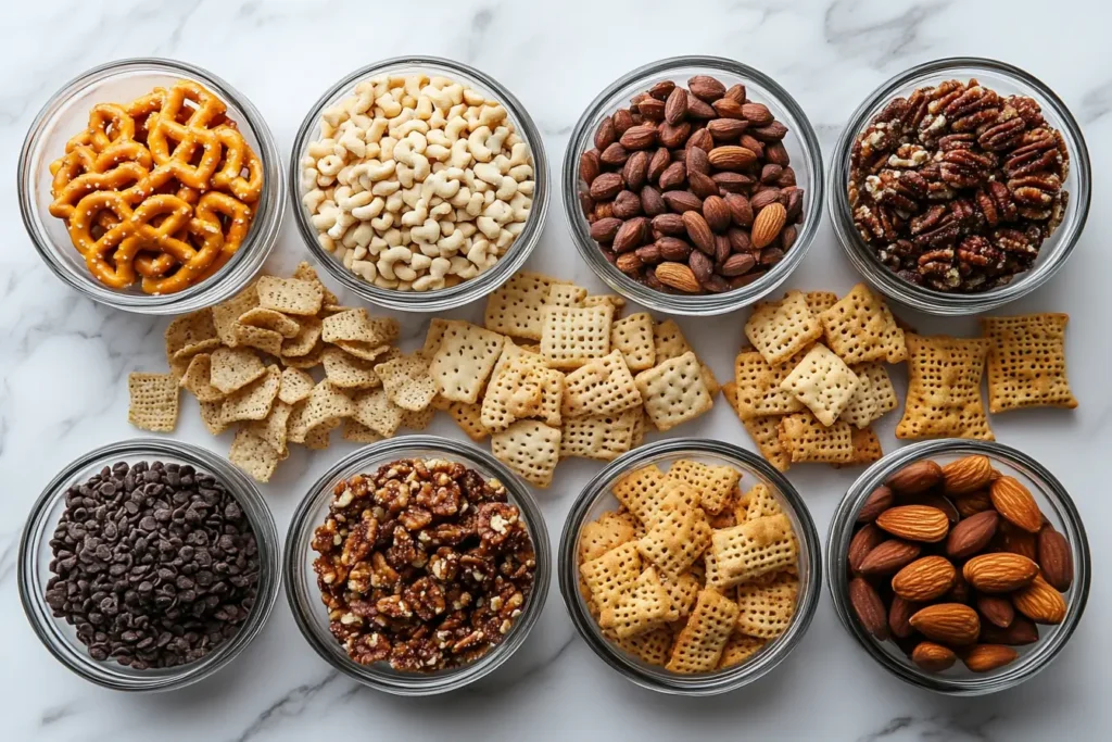 Chex Mix ingredients laid out on white marble.