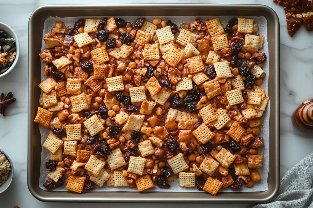 Chex Mix spread on a baking sheet after being baked.