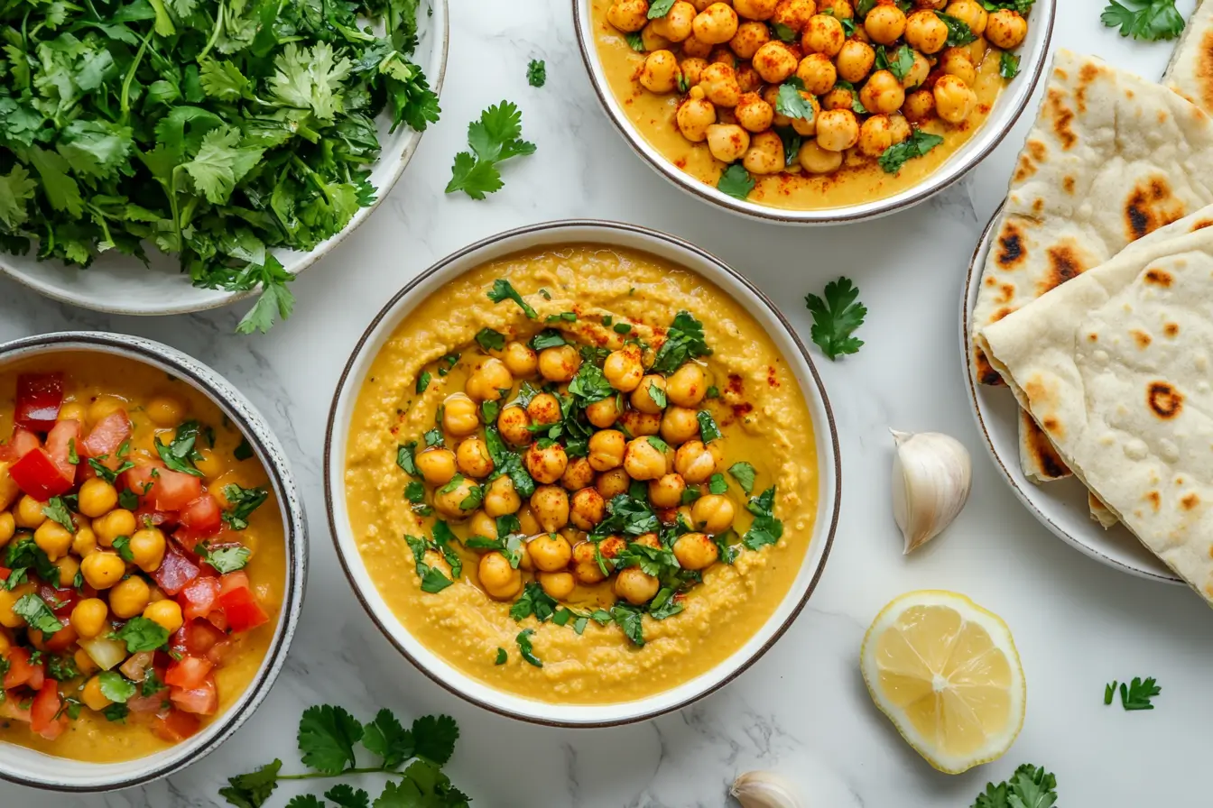 Overhead shot of various chickpea bean recipes on a rustic table