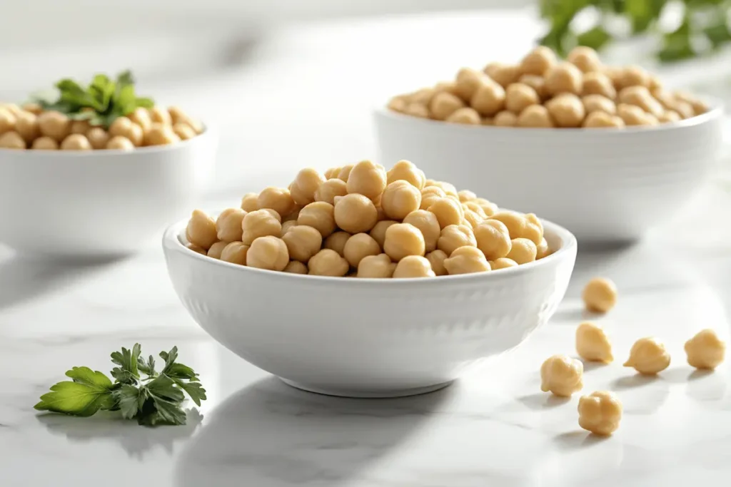 Dried, canned, and cooked chickpeas side by side