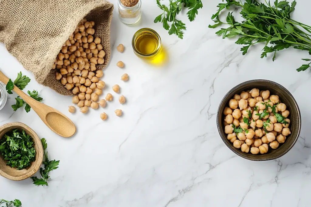 Bowl of cooked ceci beans with dried beans and herbs on marble