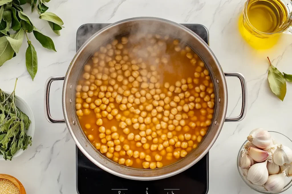 Simmering pot of ceci beans with aromatic herbs