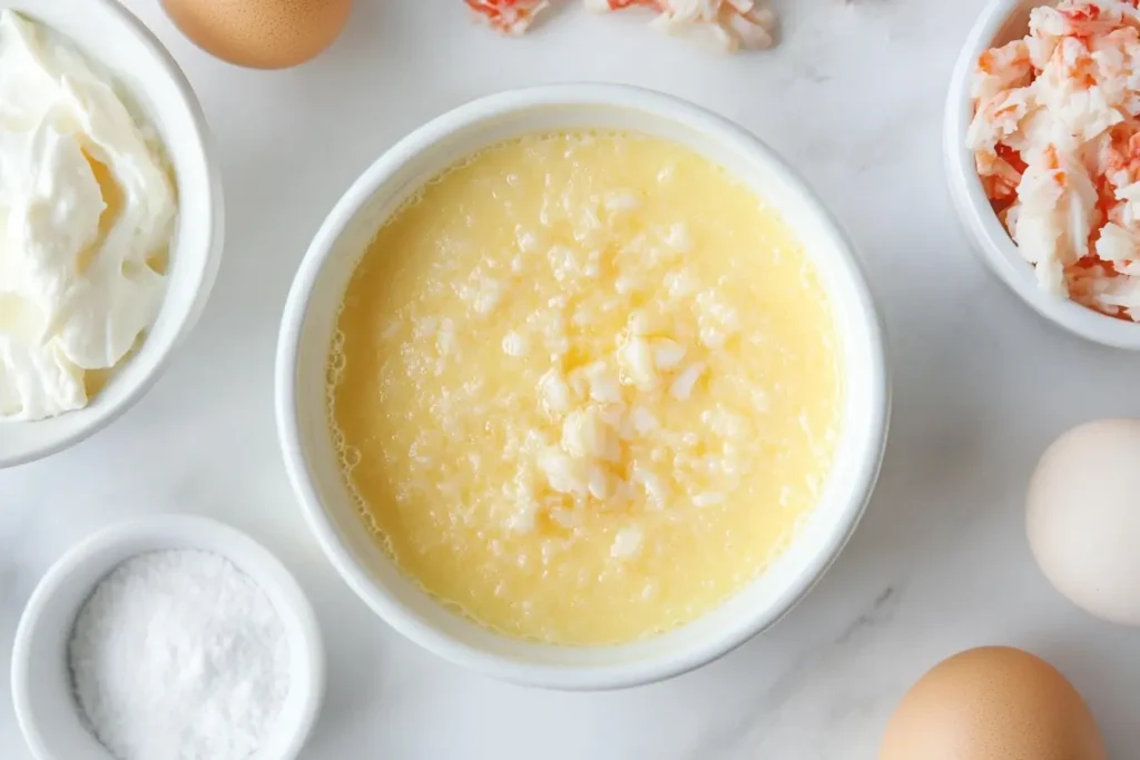 Crab brulee custard mixture in a ramekin surrounded by ingredients