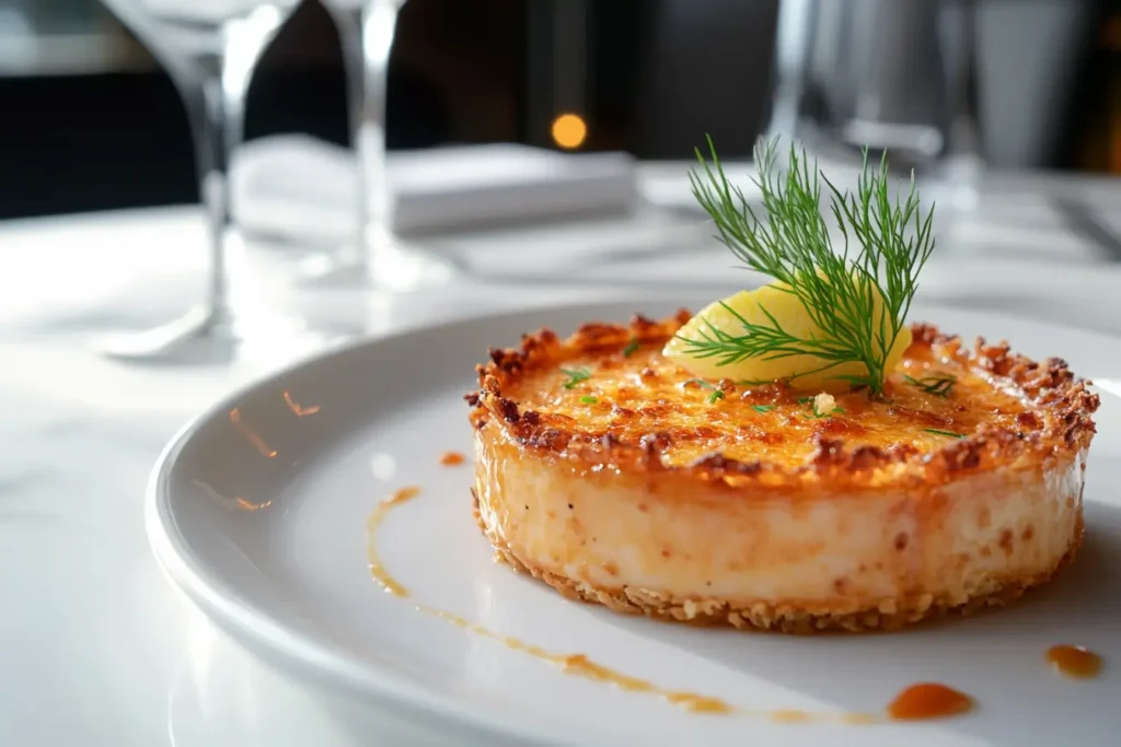 Plated crab brulee with caramelized crust on a marble surface