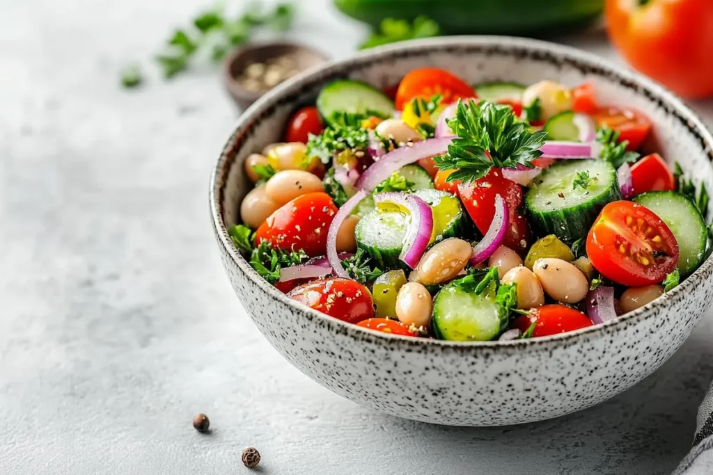 Mediterranean salad with ceci beans, cucumbers, and tomatoes.