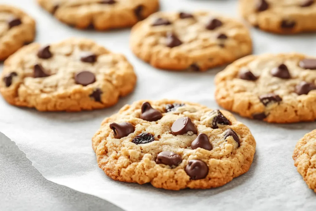 Oatmeal raisin chocolate chip cookies on a baking tray